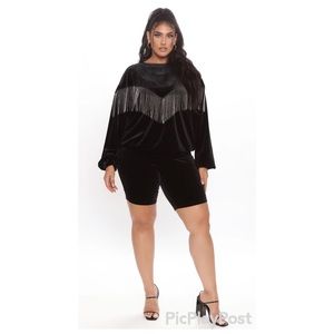 Fringe Along Velvet Biker Short Set